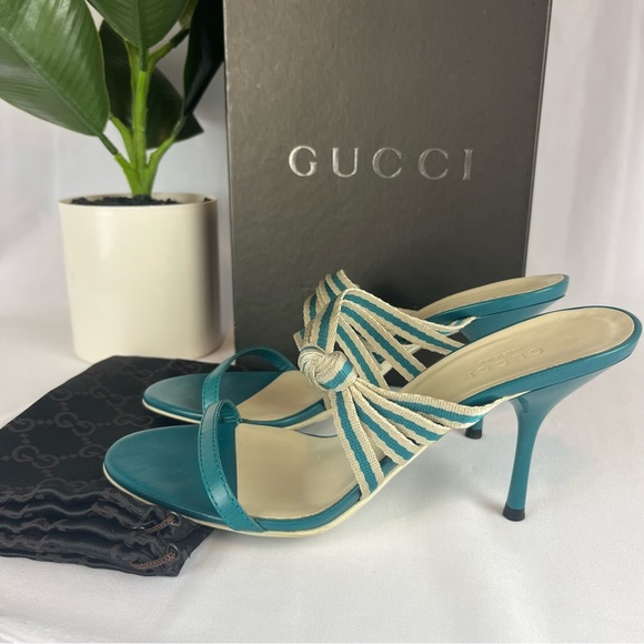 Gucci Teal Blue Fabric and Leather Mirabelle Slide Sandals Shoes Spring Size 36 - Picture 1 of 13